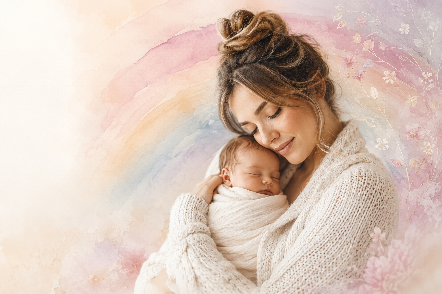 A mother with her hair in a soft bun and eyes gently closed, resting her cheek on her sleeping newborn wrapped in cream, with a soft watercolor rainbow and pale florals blooming behind them.